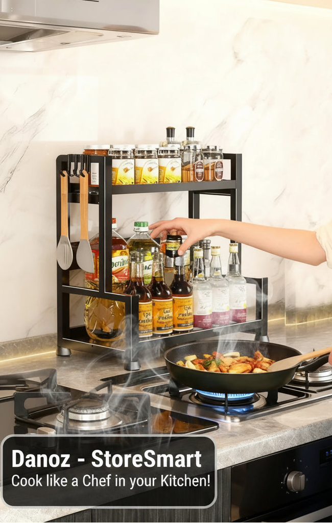 Danoz StoreSmart - 2-3 Tier Adjustable Metal Spice Rack Storage Box, Freestanding Multifunctional Kitchen Storage Rack, with Spice Protection and Fixing Device, Kitchen Organizer and Storage, Sturdy Rack/Hook Structure, Knife