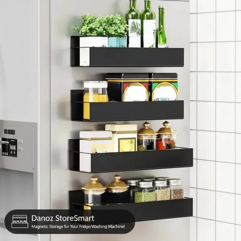 Magnetic Black wall-mounted shelves with various items against a tiled wall.