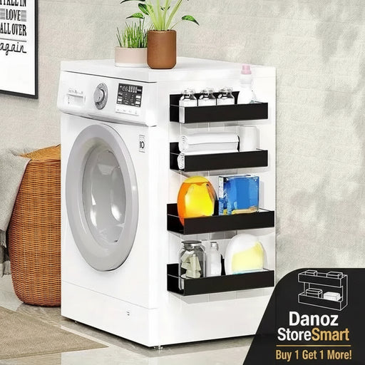 White washing machine with a black storage unit on top holding various items in a laundry room.
