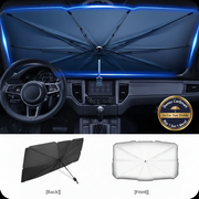 A composite image showing a car sun shade umbrella in use inside a car, with an offer text overlay, and two views of the product, one showing the front face with a reflective surface and the other showing the back face without the reflective surface.