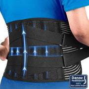 Person wearing a black waist support belt with blue accents on a white background