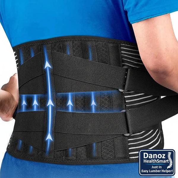 Person wearing a black waist support belt with blue accents on a white background