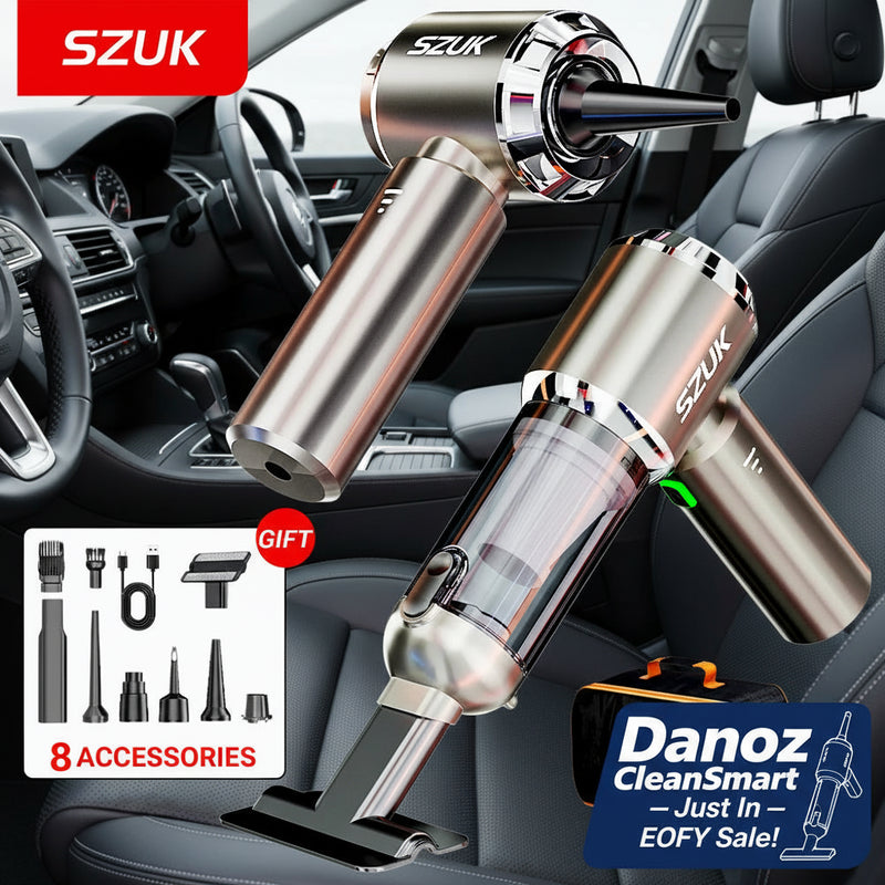 SZUK handheld vacuum cleaner with accessories and gift box on a white background
