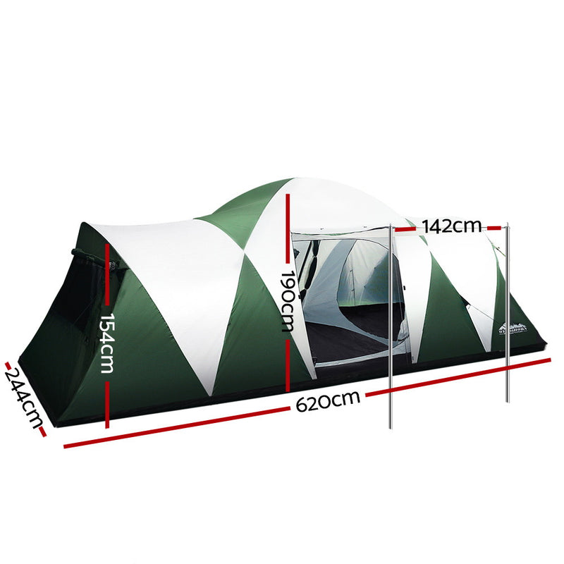 Danoz Direct - Weisshorn Family Camping Tent 12 Person Hiking Beach Tents (3 Rooms) Green
