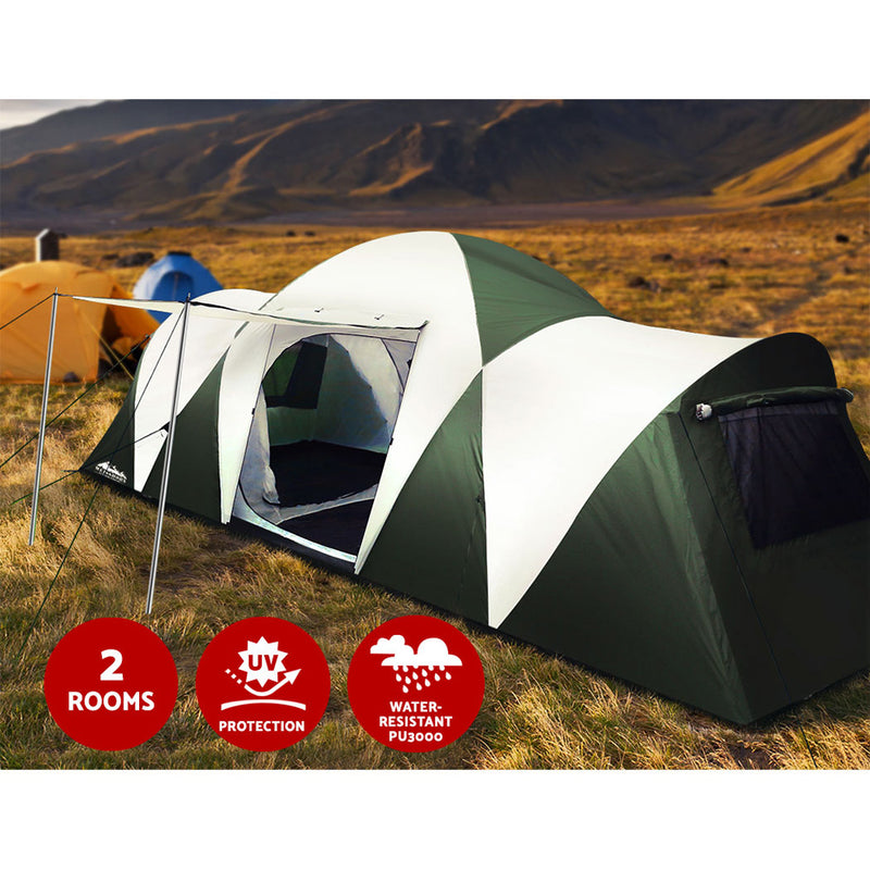 Danoz Direct - Weisshorn Family Camping Tent 12 Person Hiking Beach Tents (3 Rooms) Green