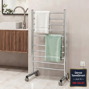 Towel rack with towels in a bathroom setting