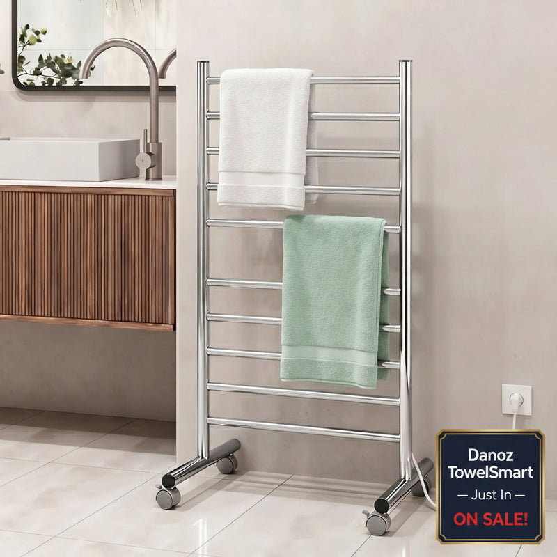 Towel rack with towels in a bathroom setting