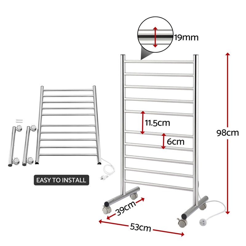 🚿 Danoz BathroomSmart | Devanti 10-Bar Freestanding Heated Towel Rail | 100W | 3–5 Min Heat-Up | Stainless Steel | Plug-In | 1 Year Warranty