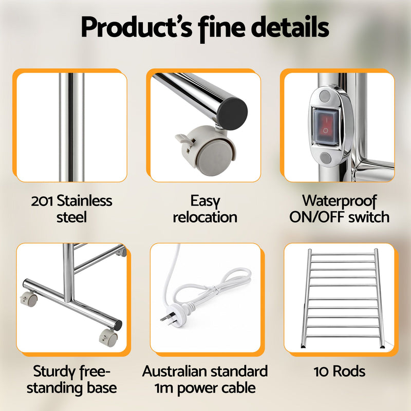 🚿 Danoz BathroomSmart | Devanti 10-Bar Freestanding Heated Towel Rail | 100W | 3–5 Min Heat-Up | Stainless Steel | Plug-In | 1 Year Warranty