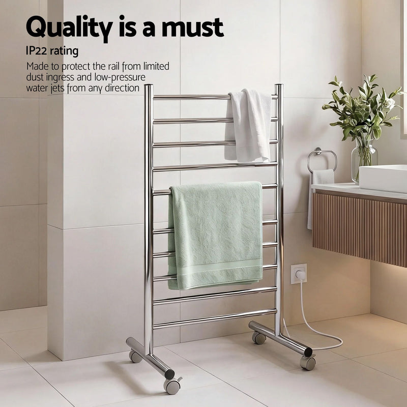 🚿 Danoz BathroomSmart | Devanti 10-Bar Freestanding Heated Towel Rail | 100W | 3–5 Min Heat-Up | Stainless Steel | Plug-In | 1 Year Warranty