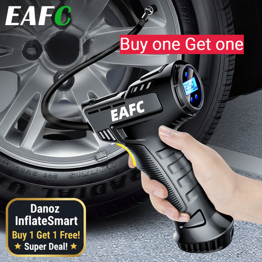 A handheld air compressor with 'E AFC' branding on the front, held in a person's hand, with a promotional offer text saying 'Buy one Get one' displayed prominently at the top.