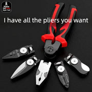 Set of pliers with red and black handles on a black background