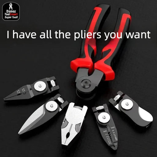 Set of pliers with red and black handles on a black background