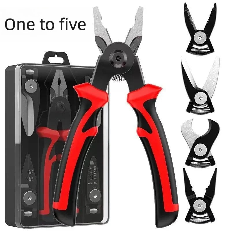 Set of pliers with red and black handles on a white background