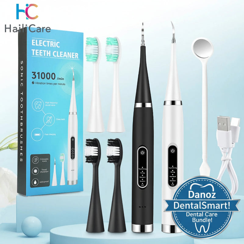 Electric toothbrush set with black and white toothbrushes, packaging, and accessories on a light blue background.