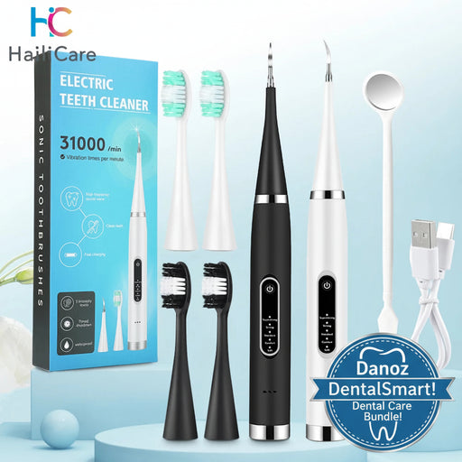 Electric toothbrush set with black and white toothbrushes, packaging, and accessories on a light blue background.