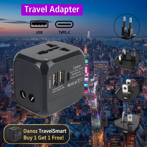 Black travel adapter with multiple plug sockets and USB ports on a white background