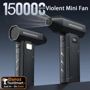 Black mini fan with high-speed capability on a dark background
