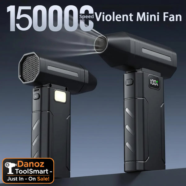 Black mini fan with high-speed capability on a dark background