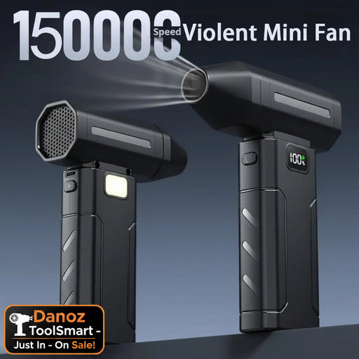 Black mini fan with high-speed capability on a dark background
