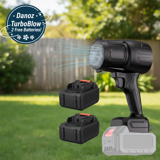 Cordless leaf blower with two batteries and gloves on a white background