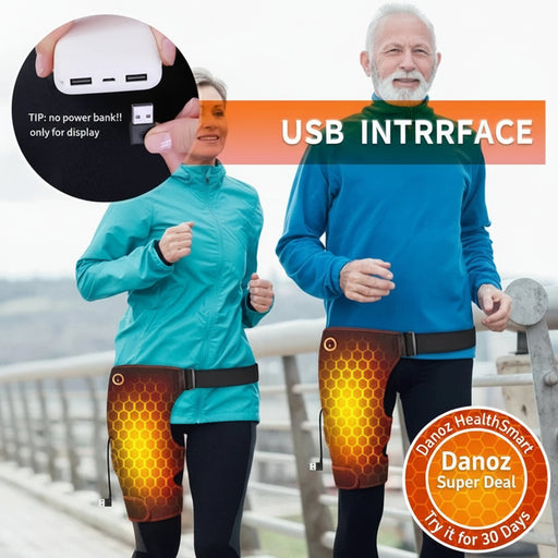 Two people wearing futuristic leggings with USB interface, one holding a power bank.