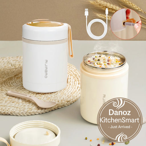 Two white thermos containers with food on a light surface, featuring a close-up of the lid mechanism.