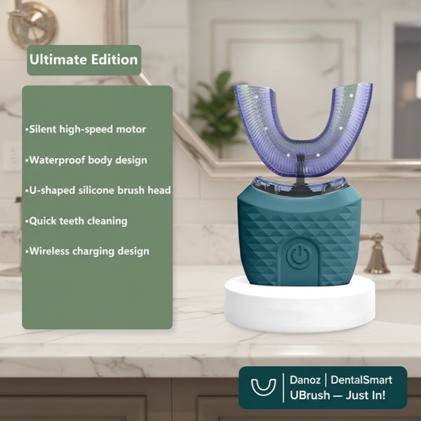 Teal and purple dental device with features listed on a green background