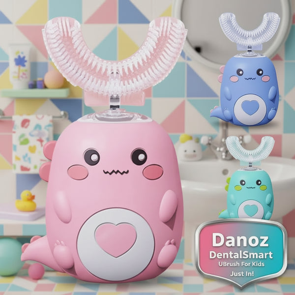 Three cartoon-like dental cleaning devices in pink, blue, and green on a white background.