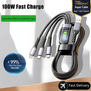 Multi-device charging cable with digital display on a gray background
