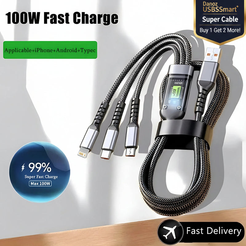 Multi-device charging cable with digital display on a gray background