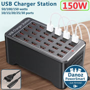 USB Charger Station with multiple ports and power adapter on a wooden surface