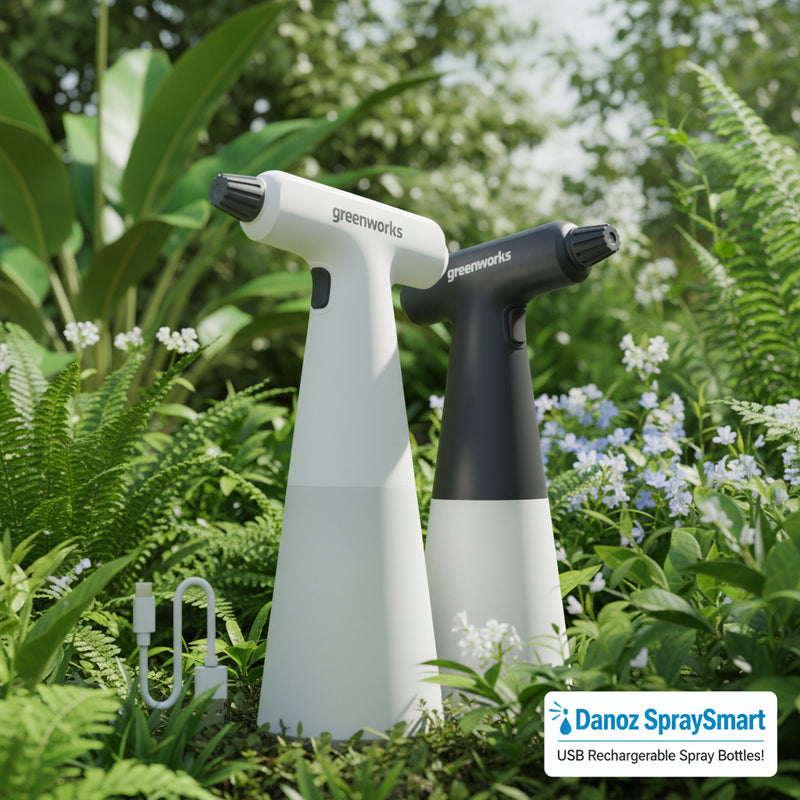 Greenworks handheld steamer with USB cable on a white background