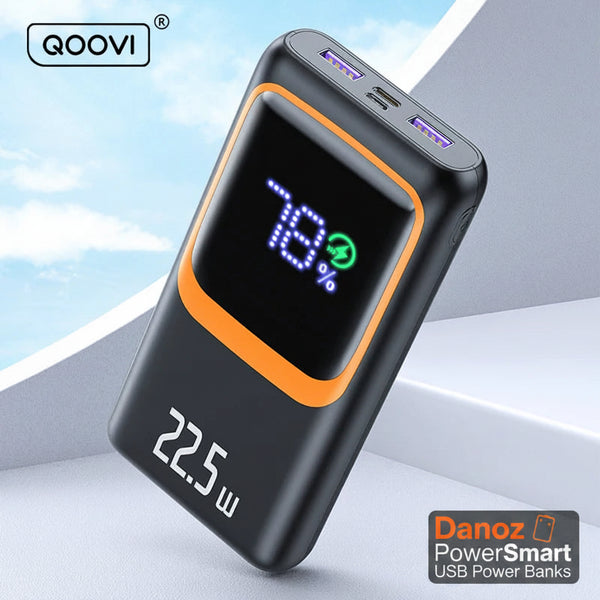 Black power bank with digital display on a light background, featuring the Qooovi brand.