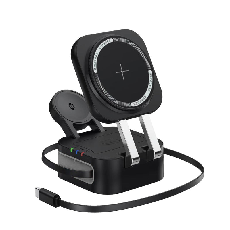 Danoz ChargeSmart 3 in 1 Foldable Wireless Charging Stand Black with retractable USB cable