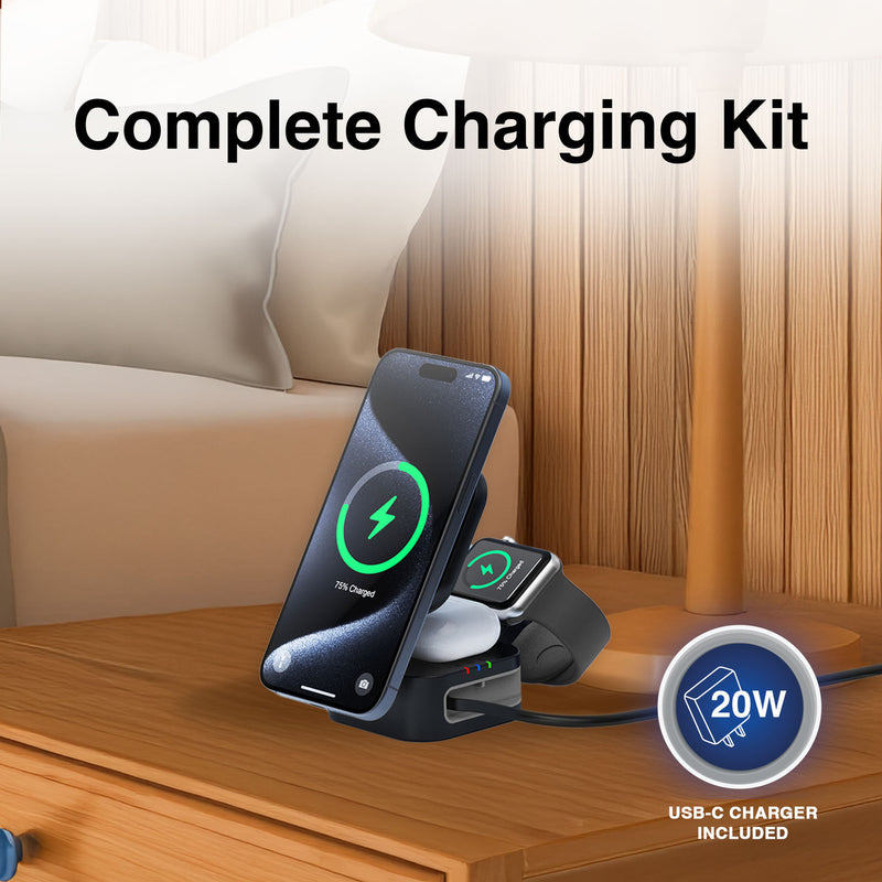 Danoz ChargeSmart 3 in 1 Foldable Wireless Charging Stand Black with retractable USB cable