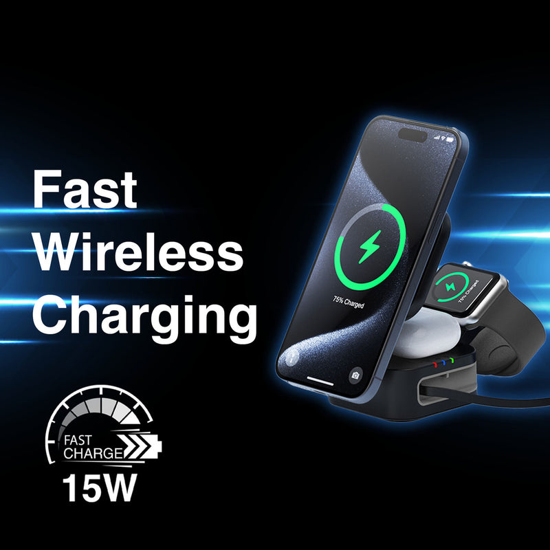 Danoz ChargeSmart 3 in 1 Foldable Wireless Charging Stand Black with retractable USB cable