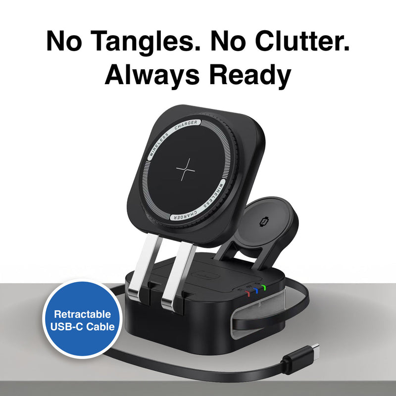 Danoz ChargeSmart 3 in 1 Foldable Wireless Charging Stand Black with retractable USB cable