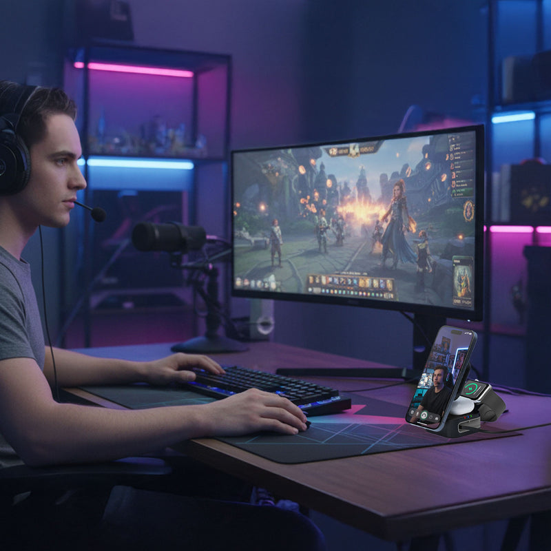 Danoz ChargeSmart 3 in 1 Foldable Wireless Charging Stand Black with retractable USB cable