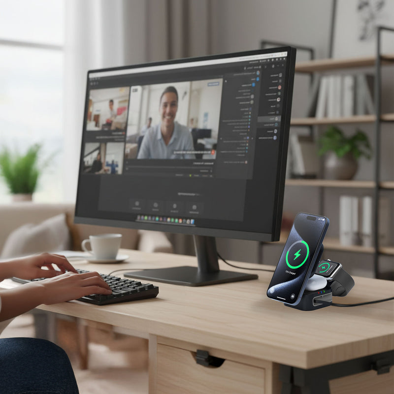 Danoz ChargeSmart 3 in 1 Foldable Wireless Charging Stand Black with retractable USB cable