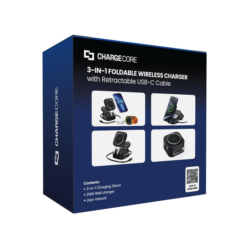 Danoz ChargeSmart 3 in 1 Foldable Wireless Charging Stand Black with retractable USB cable