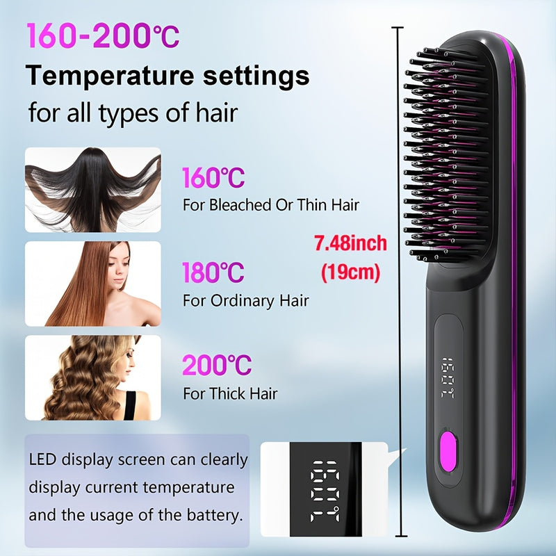 Danoz SmartStyler Cordless Hair Straightener Brush: USB Rechargeable, Dual 2000mAh batteries for long-lasting power, fast heating, creates smooth styles anytime, anywhere.