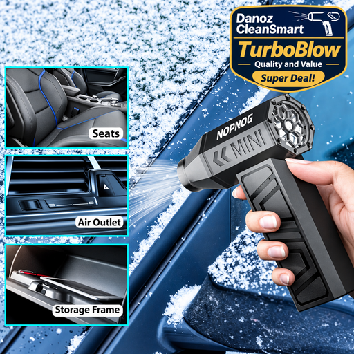 Car cleaning tool being used to clear snow from a car's interior, with close-ups of seats, air outlet, and storage frame.