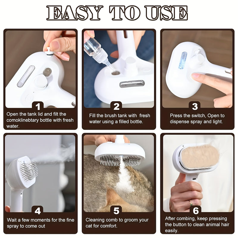 Danoz PetSmart – Fur-Free Home in 30 Seconds! 🐾✨ | USB 3-in-1 Steam Auto-Clean Pet Grooming Brush | One-Click Hair Removal | Anti-Static | Long & Short Hair Cats & Dogs | Shedding Season Savior!