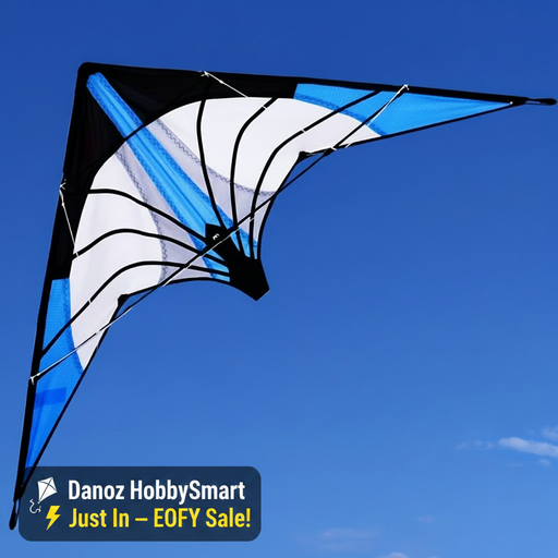 Blue and black kite with text on a clear blue sky background