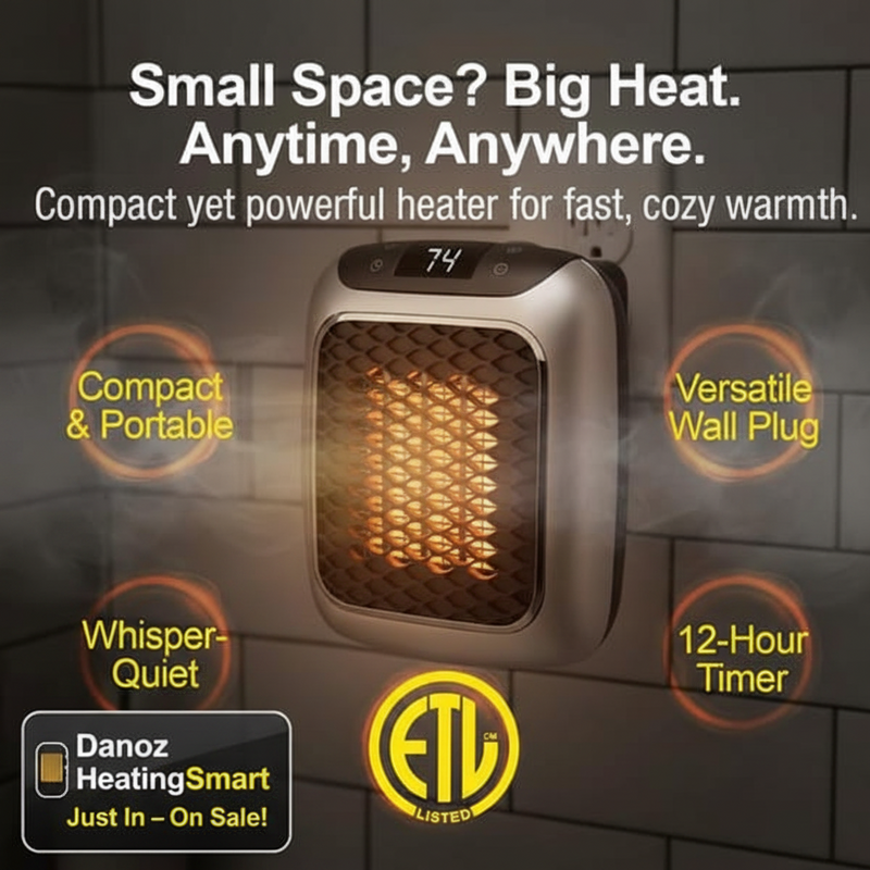 Portable heater with features highlighted on a tiled wall background