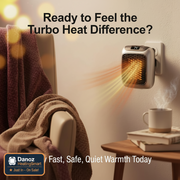 Small space heater emitting heat in a cozy room with a cup of coffee and books on a table.