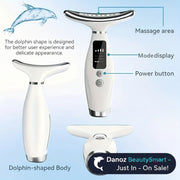 White handheld device with dolphin-shaped design, labeled features on a light blue background