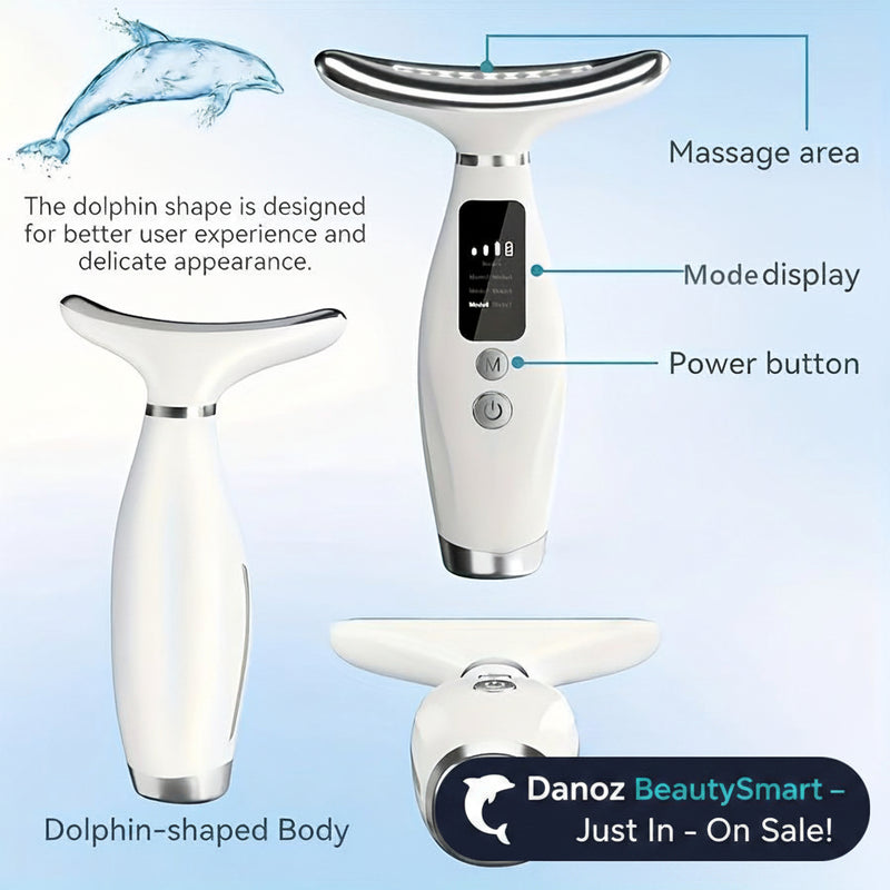 White handheld device with dolphin-shaped design, labeled features on a light blue background