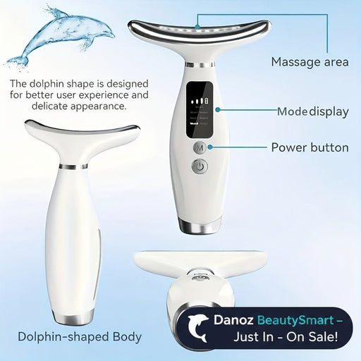 White handheld device with dolphin-shaped design, labeled features on a light blue background